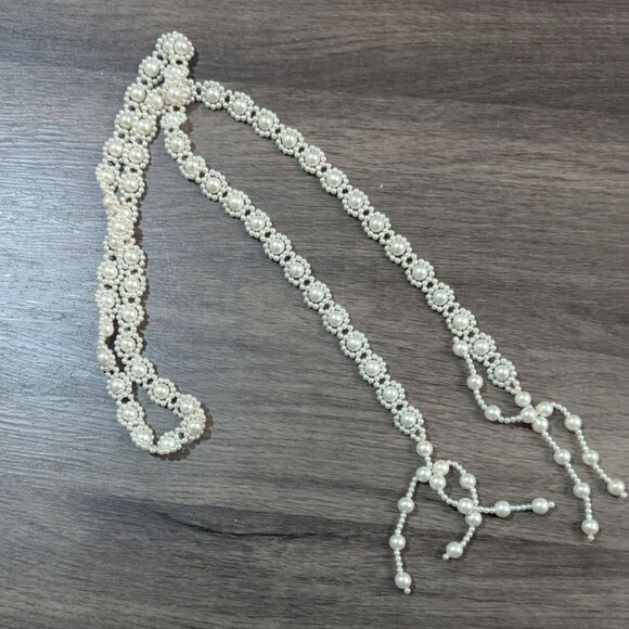 Vintage Style Pearl Beaded Opera Tassel Necklace 44" Handmade  cream - Picture 4 of 5